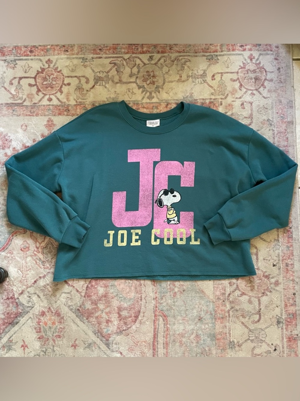 Peanuts Joe Cool Cropped Sweatshirt - Teal with Pink & Yellow